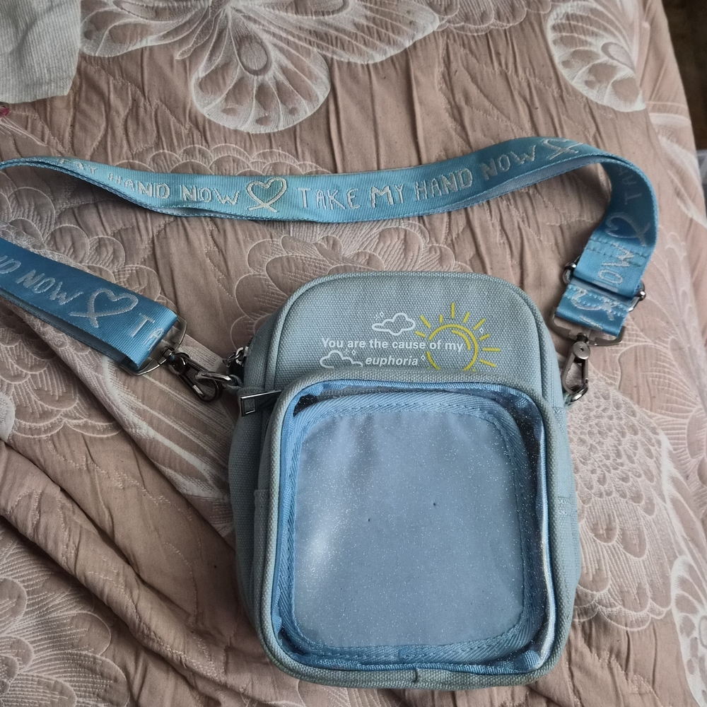Light Blue Crossbody Bag with 'Take My Hand' Strap